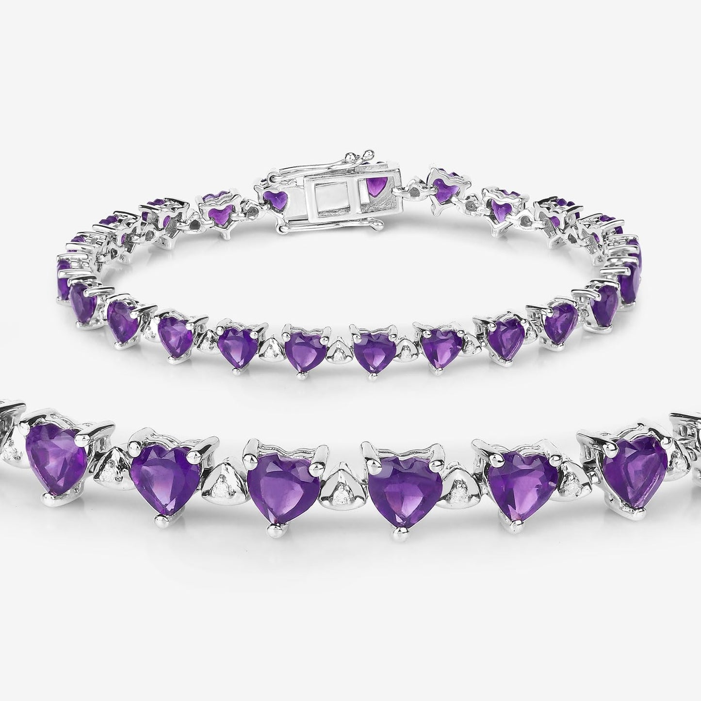 9.89 Ct Heart Purple Amethyst & Diamond Prong Silver Tennis Bracelet