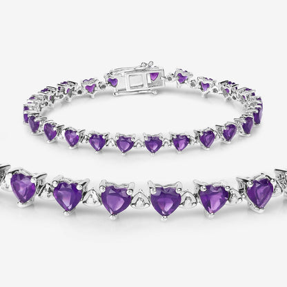 9.89 Ct Heart Purple Amethyst & Diamond Prong Silver Tennis Bracelet
