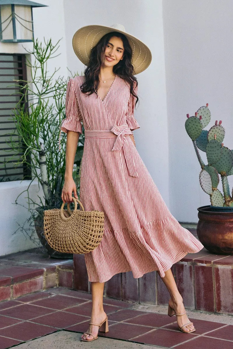 SO ME Stripe Textured Short Sleeves Lined Wrap Midi Dress