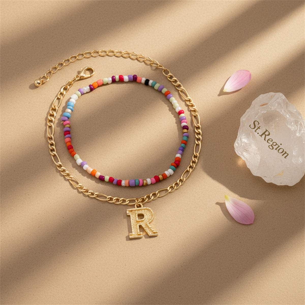 Multi-Colored Howlite & Goldtone Beads Chain Letter 'R' Charm Anklet Set