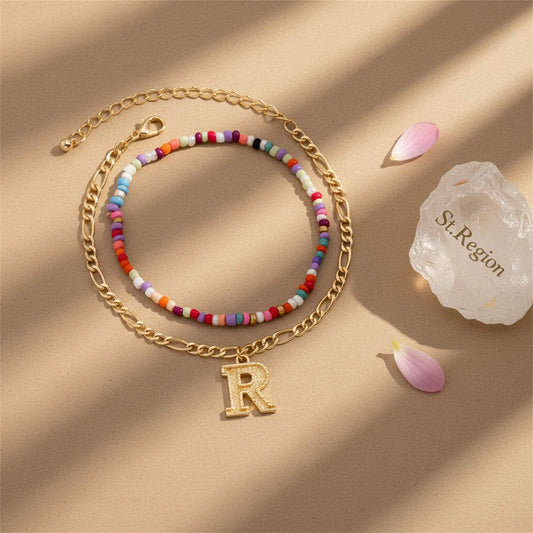 Multi-Colored Howlite & Goldtone Beads Chain Letter 'R' Charm Anklet Set