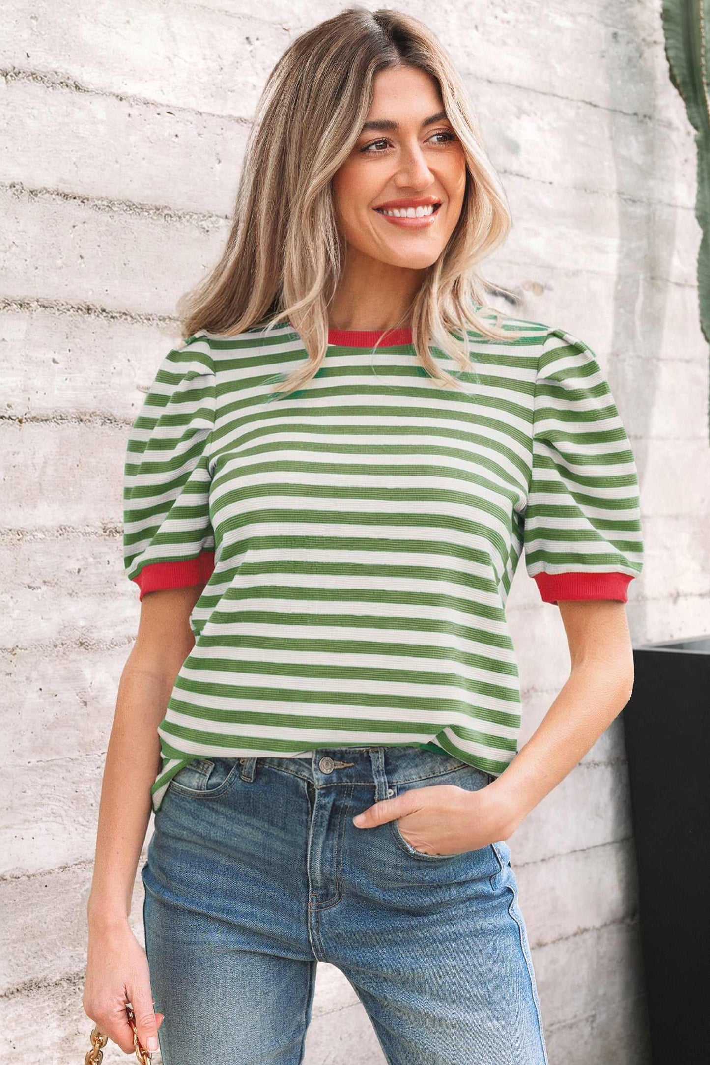Joy Sleeve Contrast Trim Tee - Green Stripe / L - 12/14