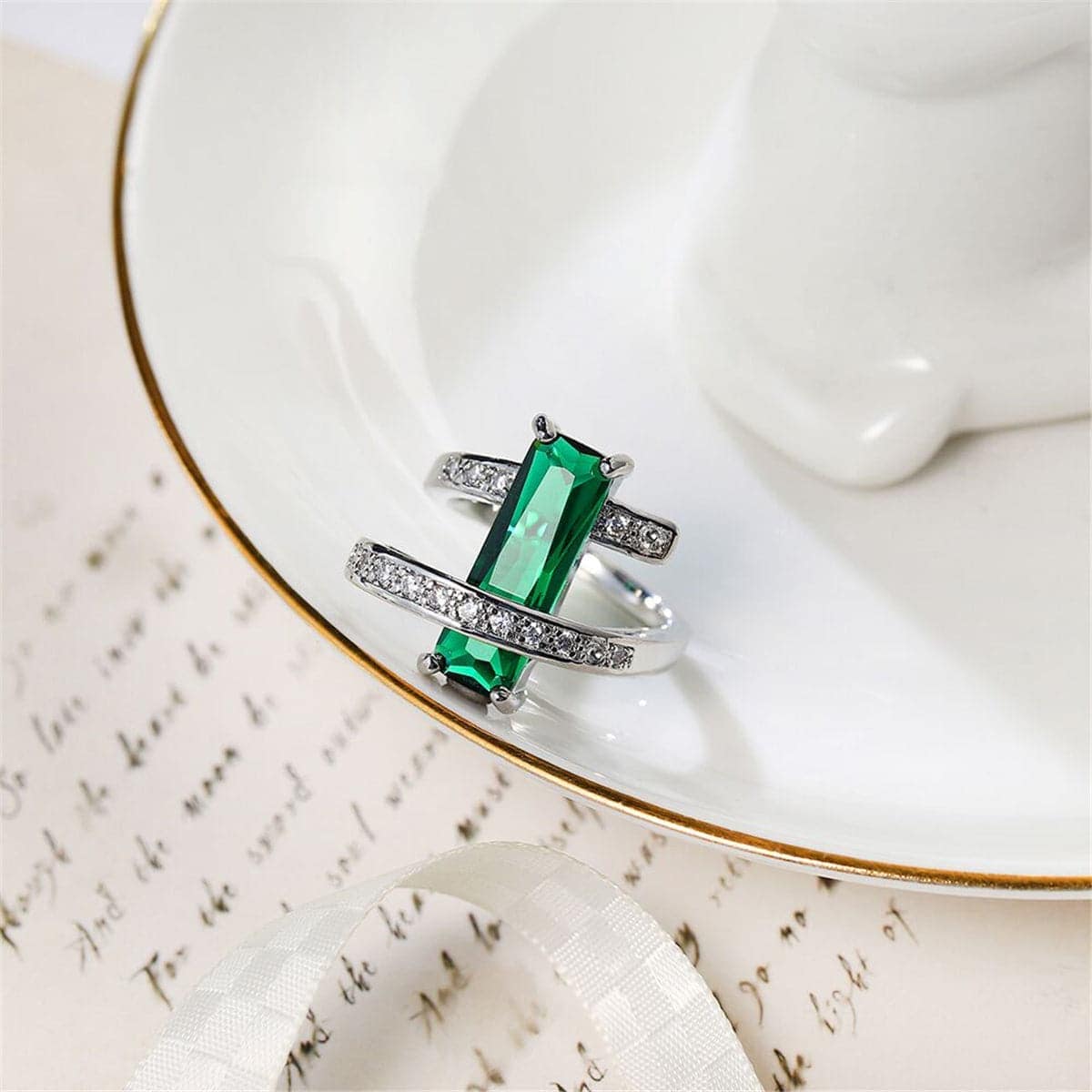 Dark Green Crystal & Cubic Zirconia Bypass Ring