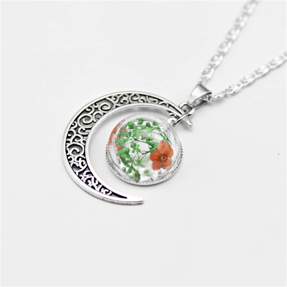Green Pressed Flower & Silvertone Filigree Moon Pendant Necklace