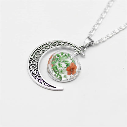 Green Pressed Flower & Silvertone Filigree Moon Pendant Necklace
