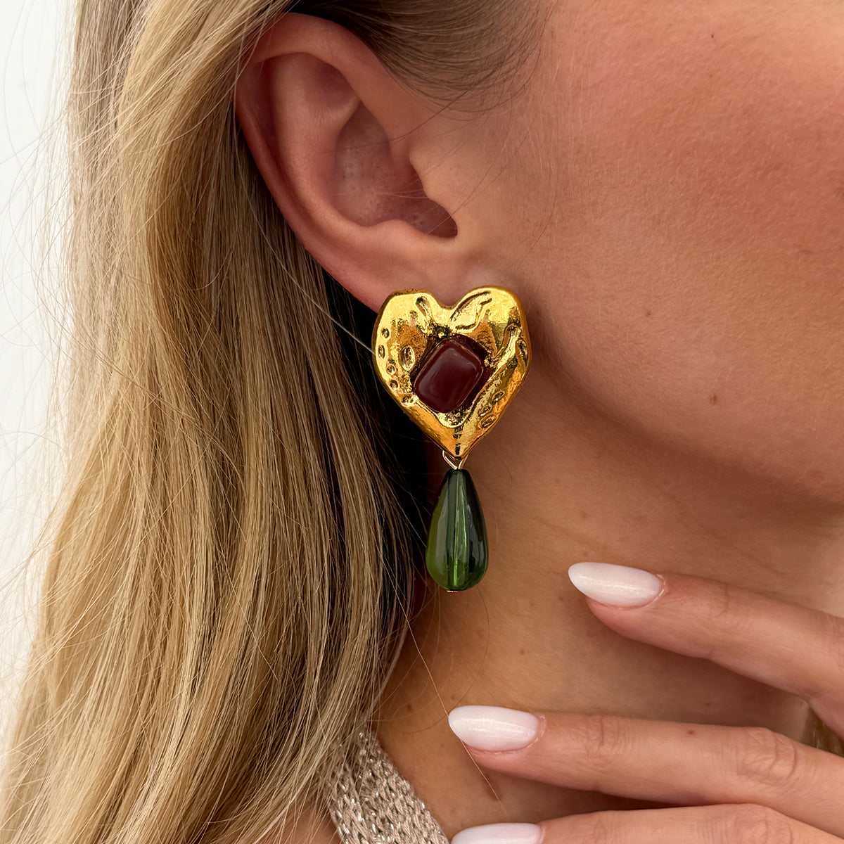 Green Resin & Goldtone Heart Drop Earrings