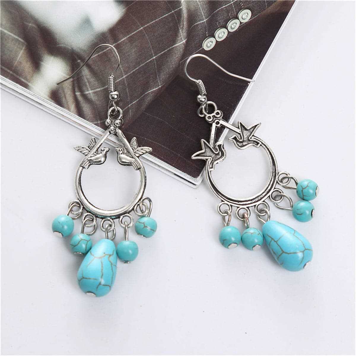 Turquoise & Silvertone Bird Teardrop Earrings