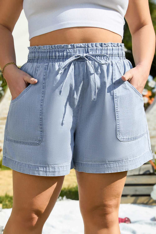 Threaded Pear Kimberly Plus Size Drawstring High Waist Denim Shorts