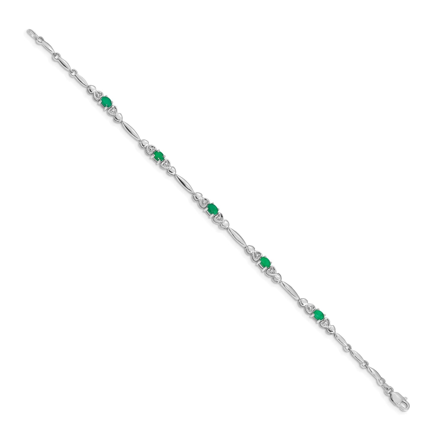 14k White Gold Oval Green Emerald Heart 7 inch Bracelet