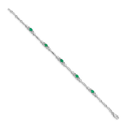 14k White Gold Oval Green Emerald Heart 7 inch Bracelet
