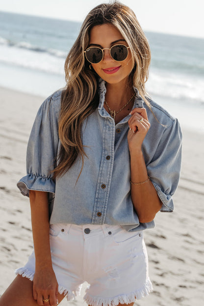 Threaded Pear Aya Ruffle Short Puff Sleeve Summer Chambray Top