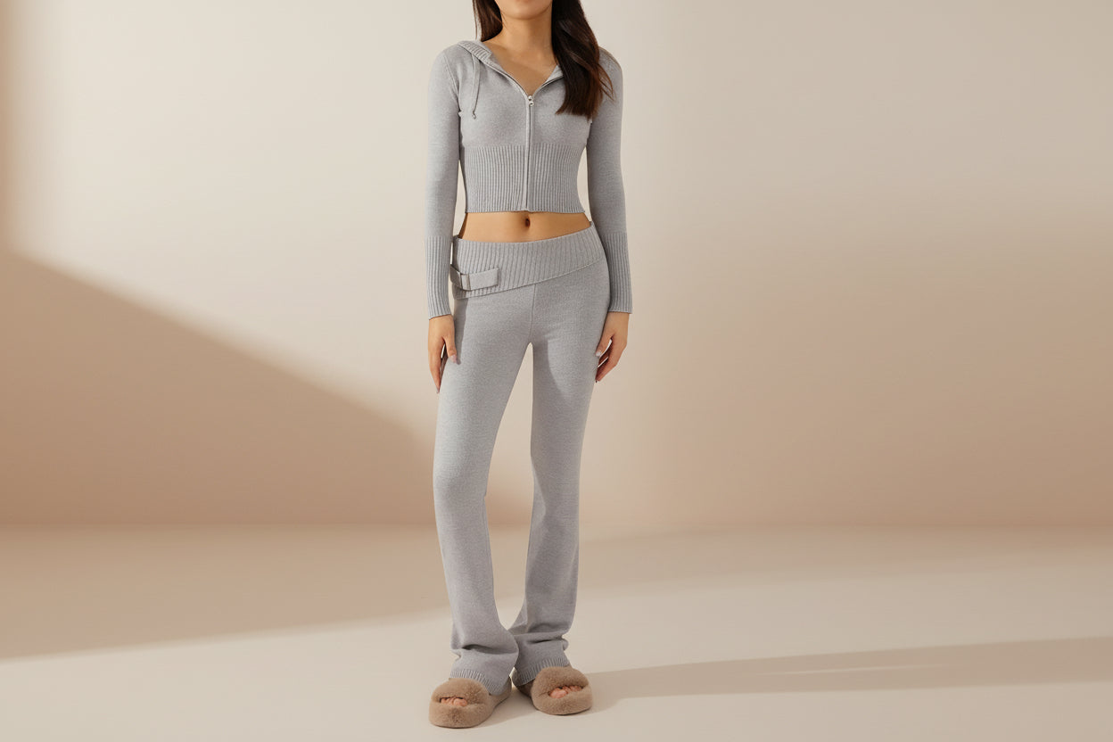 Women’s Knitted Hooded Two-Piece Set – Cardigan & High-Waisted Pants Suit