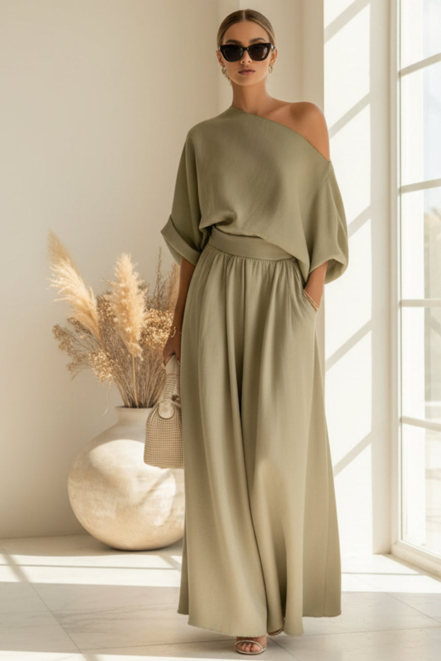 Women's Cropped Off-Shoulder Top & Pants Two-Piece Set