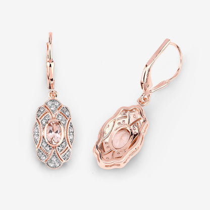 Oval Pink Morganite Bezel 18K Rose Gold Plated Silver Lever Back Dangle Earrings