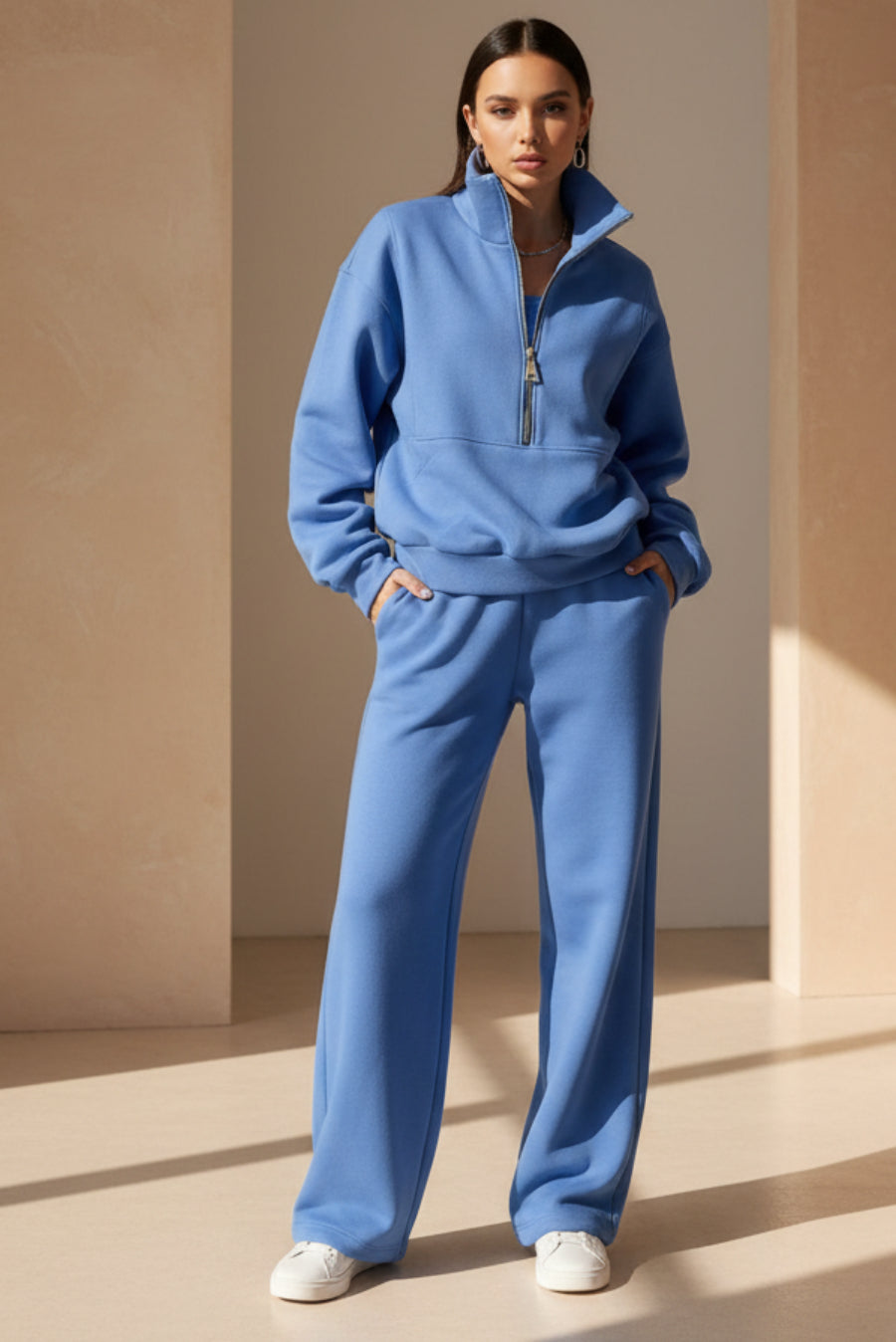 Women's Full-Zip Cropped Sweatshirt & Wide-Leg Pants Fleece Two-Piece Set