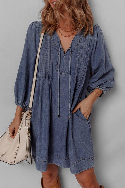 Threaded Pear Autumn Tied Pleated Mini Dress