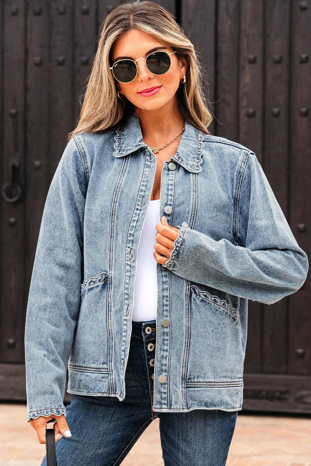 Brooklyn Scallop Trim Button up Denim Jacket - Myosotis / M - 8/10