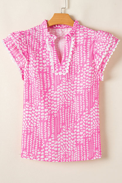 Threaded Pear Cynthia Ric Rac Trim Flutter Sleeve Notch V Neck Blouse