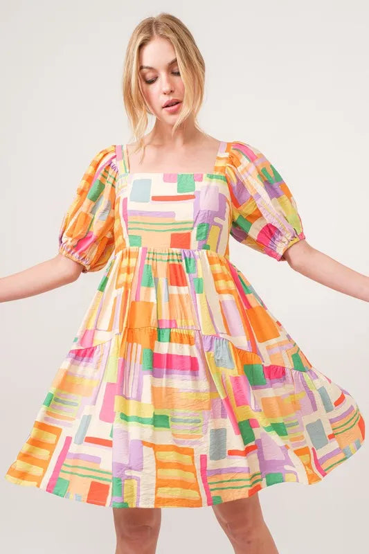 And The Why Square Neck Puff Sleeve Geo Printed Mini Dress