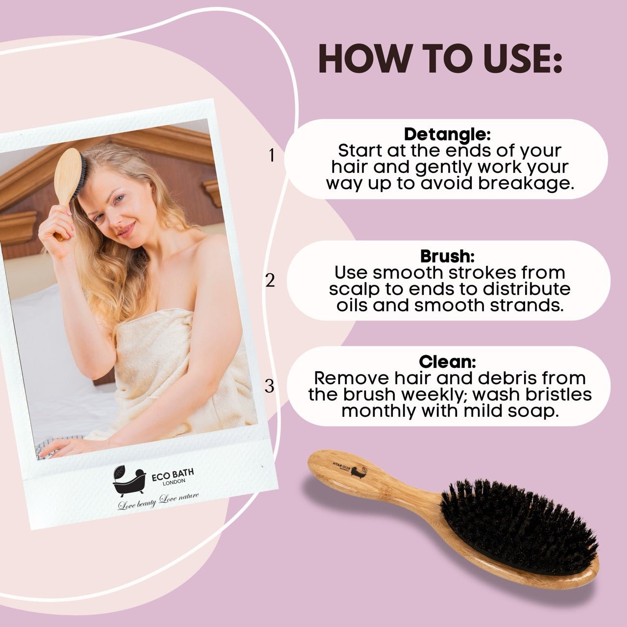 Eco Bath London Bamboo Hairbrush with Boar Bristles - Natural Sustainable Hair Care Solution - Eco Bath London