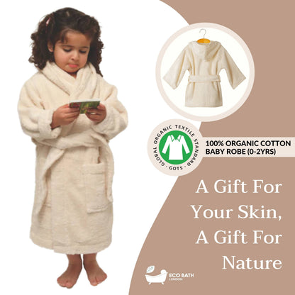 Organic Cotton Baby Robe-Hooded Baby Bathrobe, GOTS Certified 100% Organic Cotton,Ultra Soft, Undyed and Unbleached, Hypoallergenic - Available in Sizes 0-2 Years and 3-5 Years by Eco Bath London