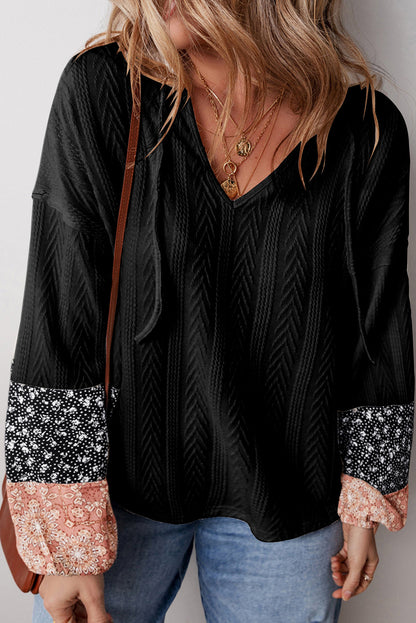 Threaded Pear Poppy Textured Knit Drawstring Blouse