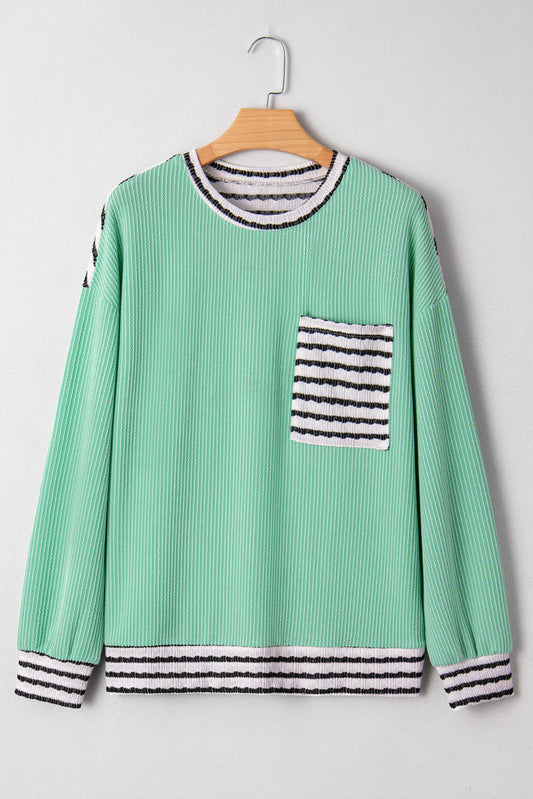 Threaded Pear Claire Contrast Striped Patchwork Long Sleeve Top