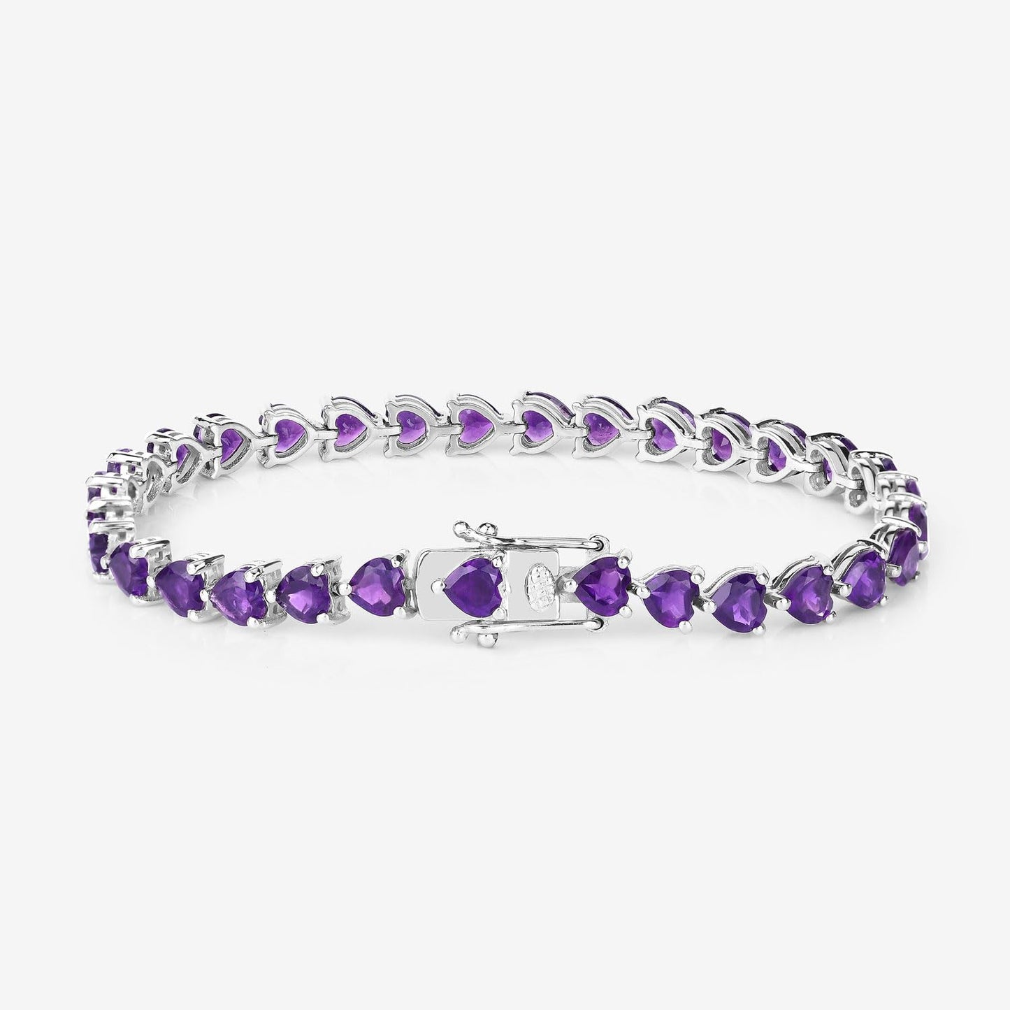 13.33 Ct Heart Purple Amethyst Prong Silver Box Clasp Tennis Bracelet