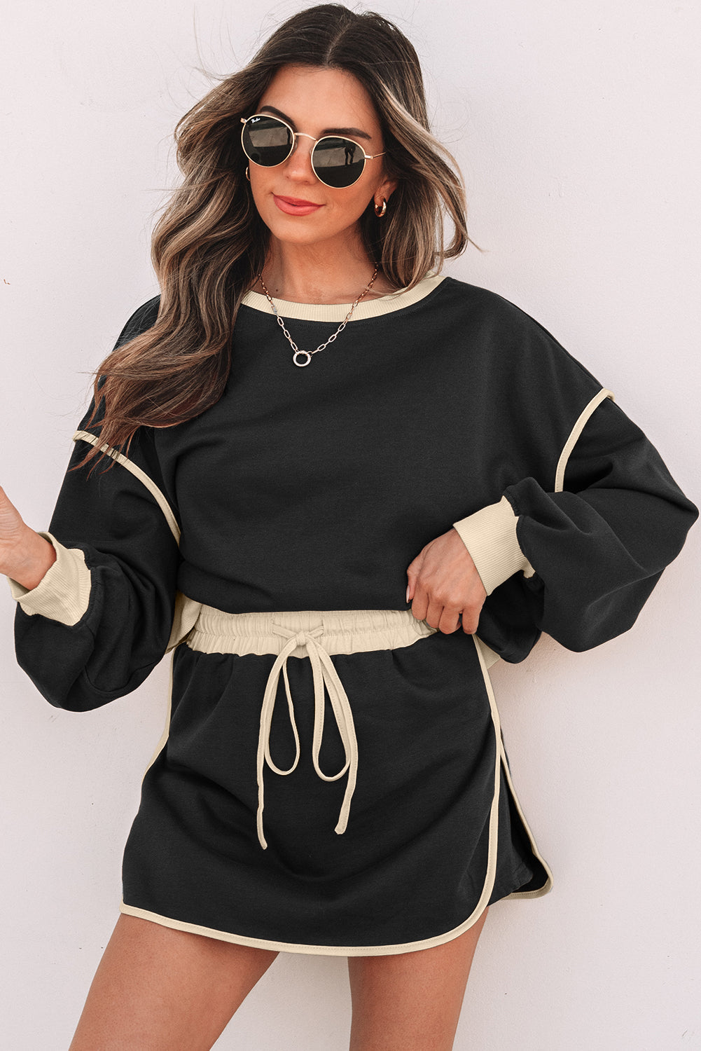 Violeta Loose Pullover and Lace-up Waist Skort Set - Threaded Pear
