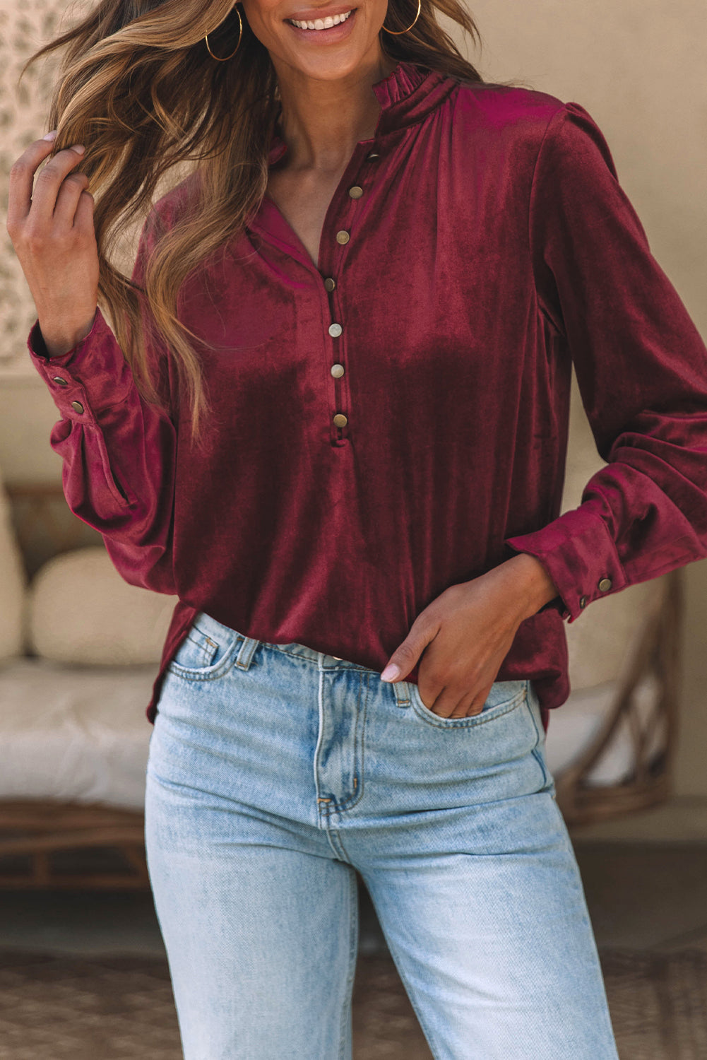 Threaded Pear Gwynn Frilled Neck Buttoned Front Velvet Top