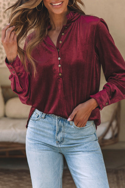 Threaded Pear Gwynn Frilled Neck Buttoned Front Velvet Top