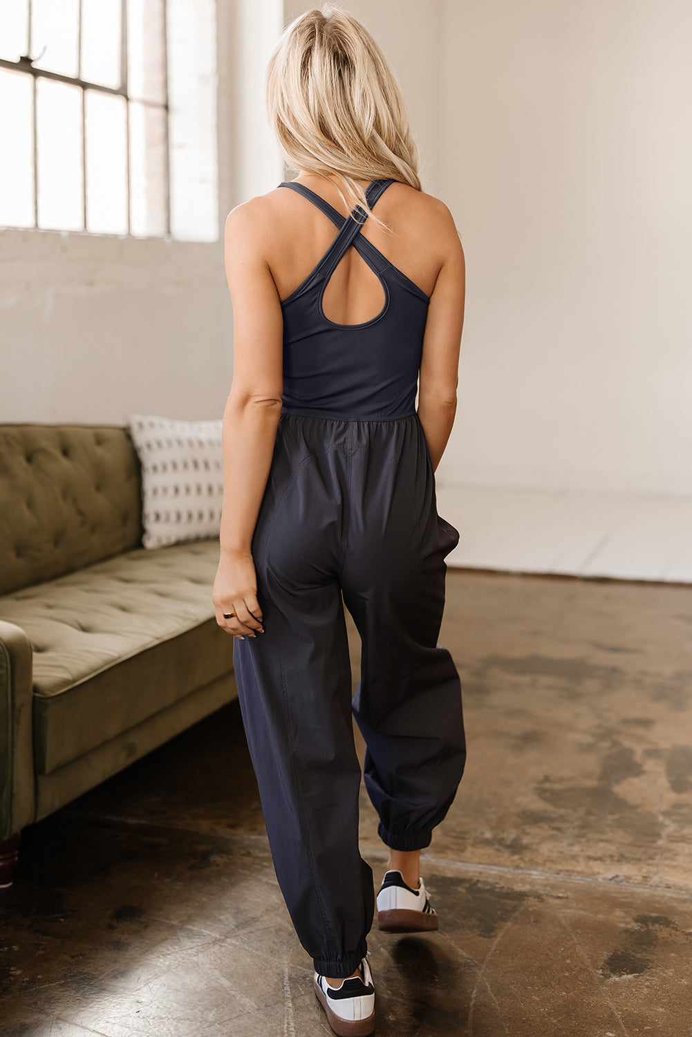 Threaded Pear Avianna Back Crossed Straps Hollow Out Jogger Jumpsuit