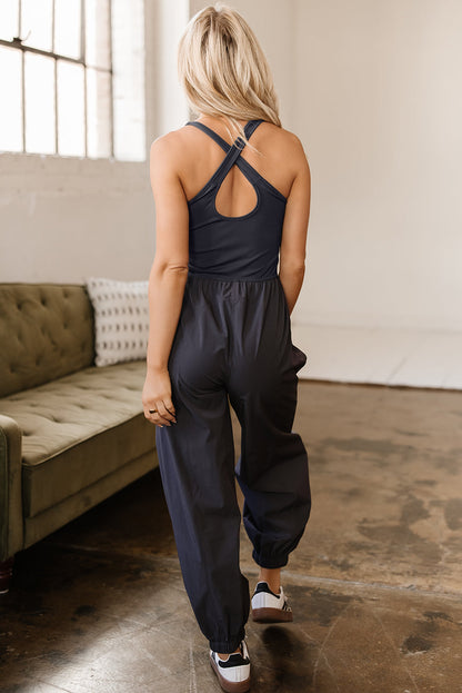 Threaded Pear Avianna Back Crossed Straps Hollow Out Jogger Jumpsuit