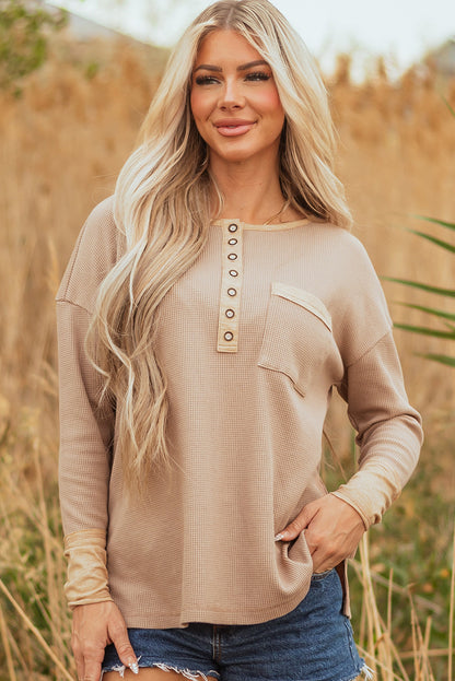 Threaded Pear Blake Waffle Textured Tunic Henley Top with Slits