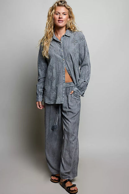 POL Tassel Drawstring Embroidered Wide Leg Woven Pants