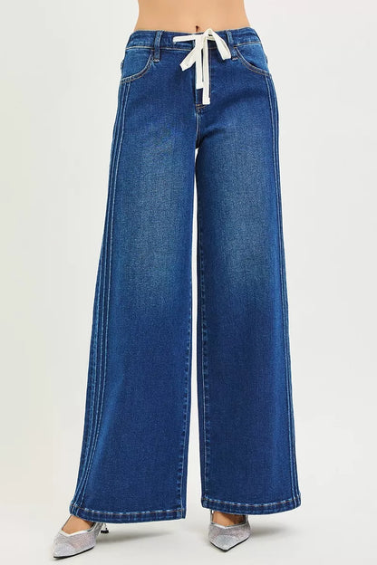 RISEN Full Size Mid Rise Wide Side Pintuck Jeans with Front Drawstring Plus Size