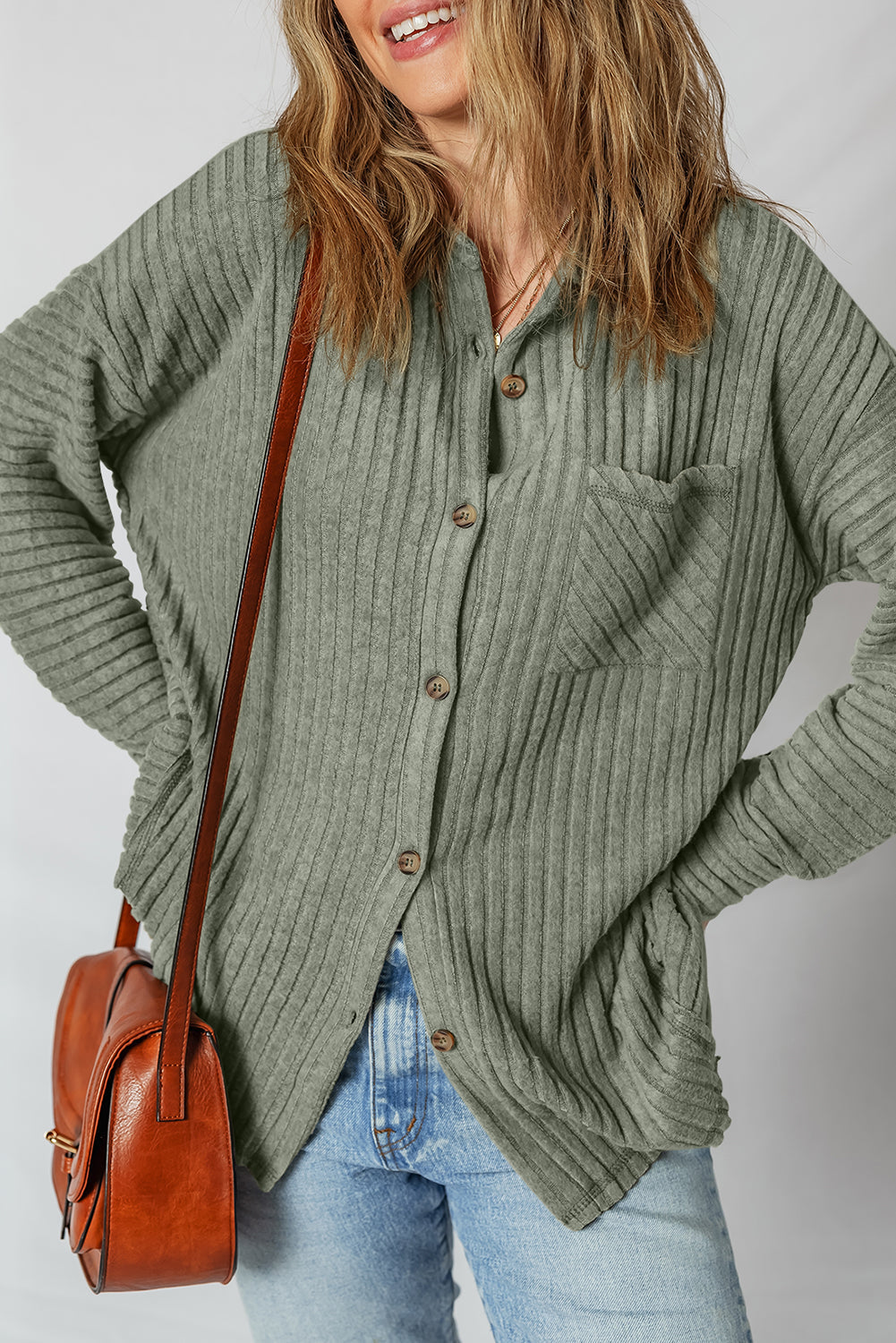 Threaded Pear Lucia Ribbed Texture Button Up Shacket