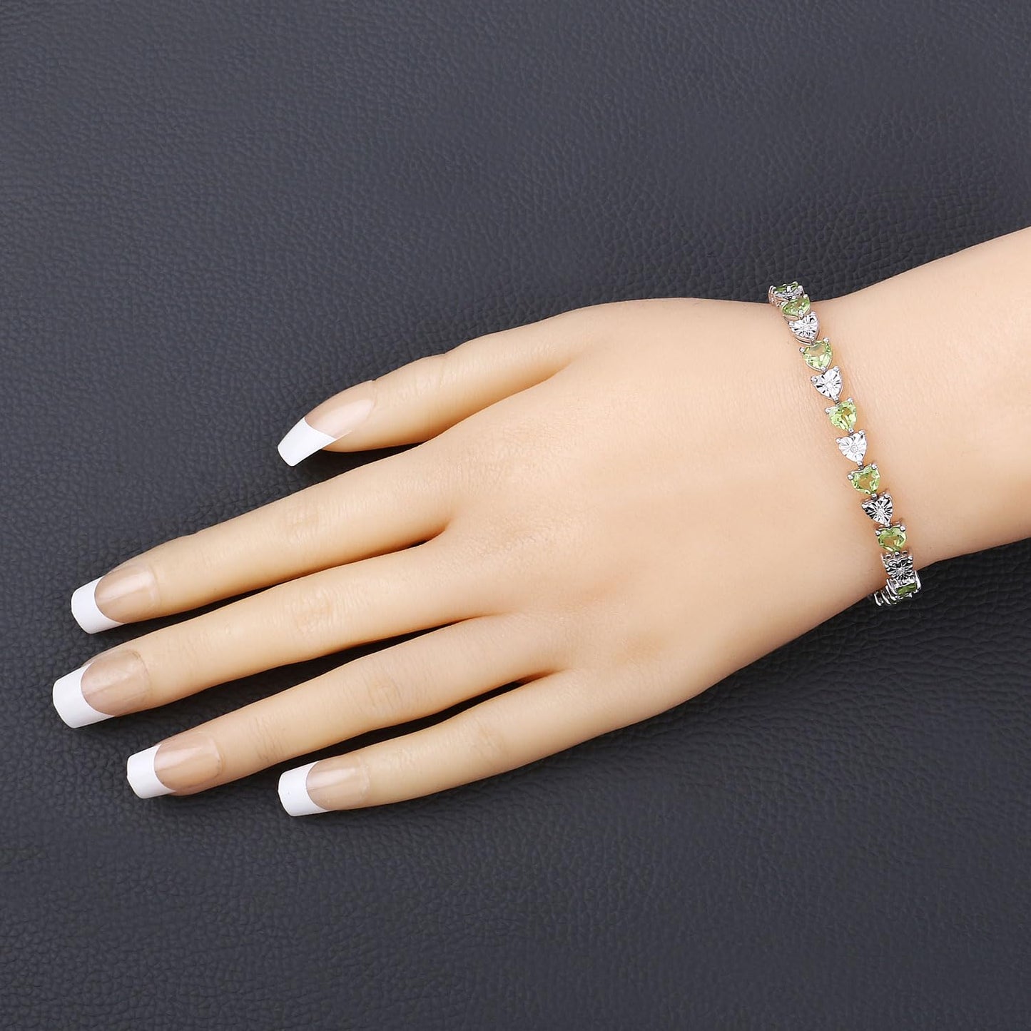 Heart Green Peridot & Diamond Prong Silver Tennis Bracelet