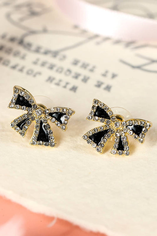 Threaded Pear Black Rhinestone Bow Knot Stud Earrings