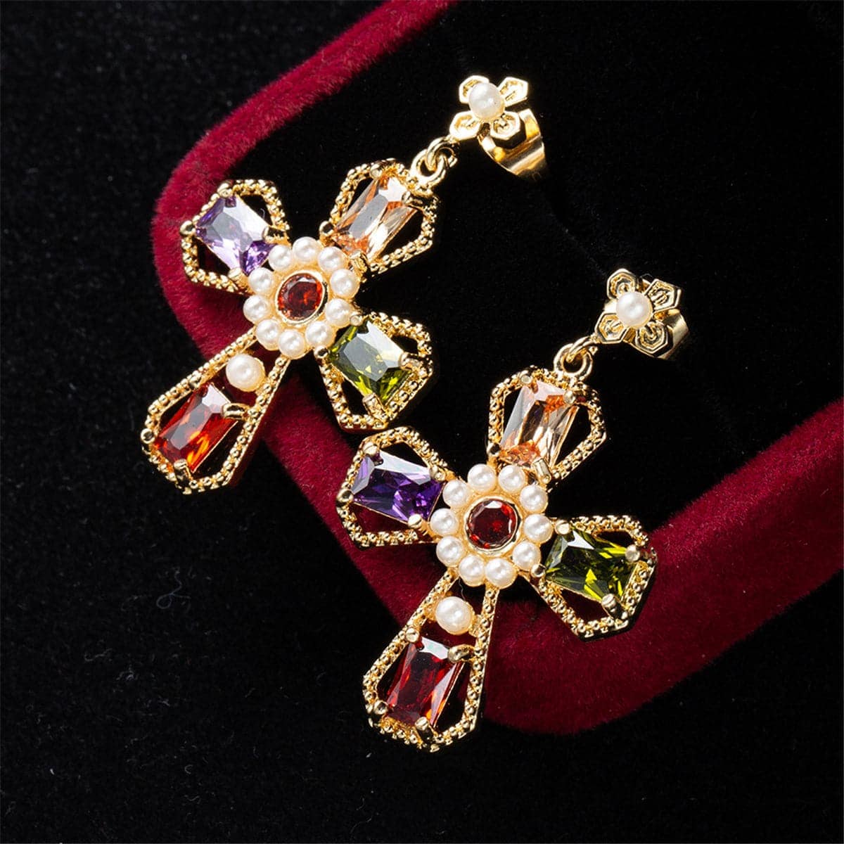 Purple Crystal & Pearl Goldtone Cross Drop Earrings