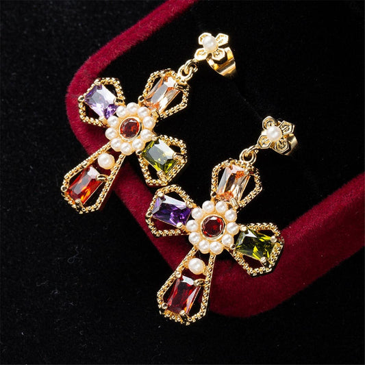 Purple Crystal & Pearl Goldtone Cross Drop Earrings