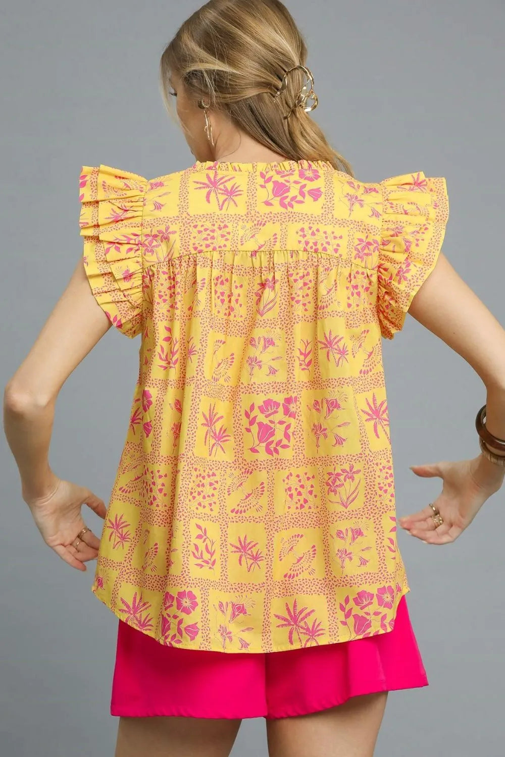Umgee Printed Ruffle Cap Sleeve Blouse