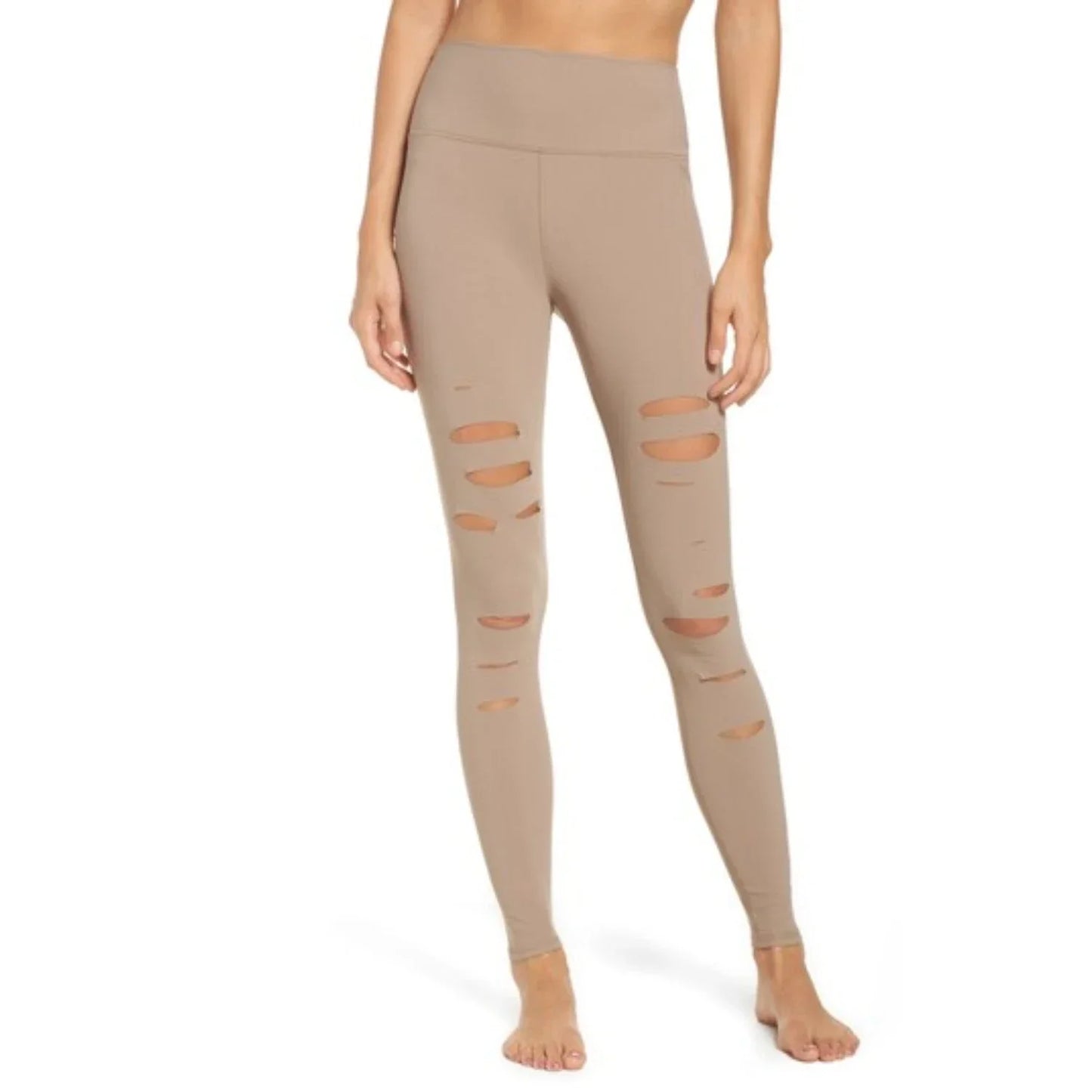 Alo Yoga High Waist Ripped Warrior Stretch Performance Women's Leggings — Gravel