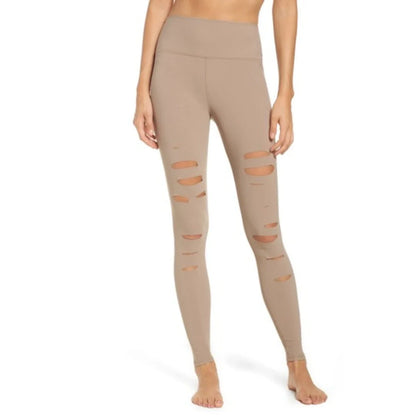 Alo Yoga High Waist Ripped Warrior Stretch Performance Women's Leggings — Gravel
