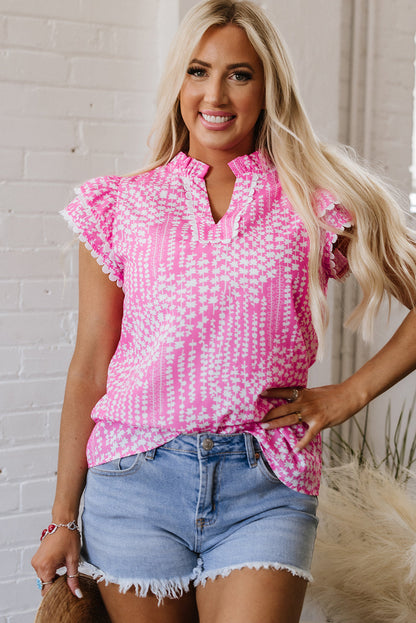 Cynthia Ric Rac Trim Flutter Sleeve Notch V Neck Blouse - Threaded Pear