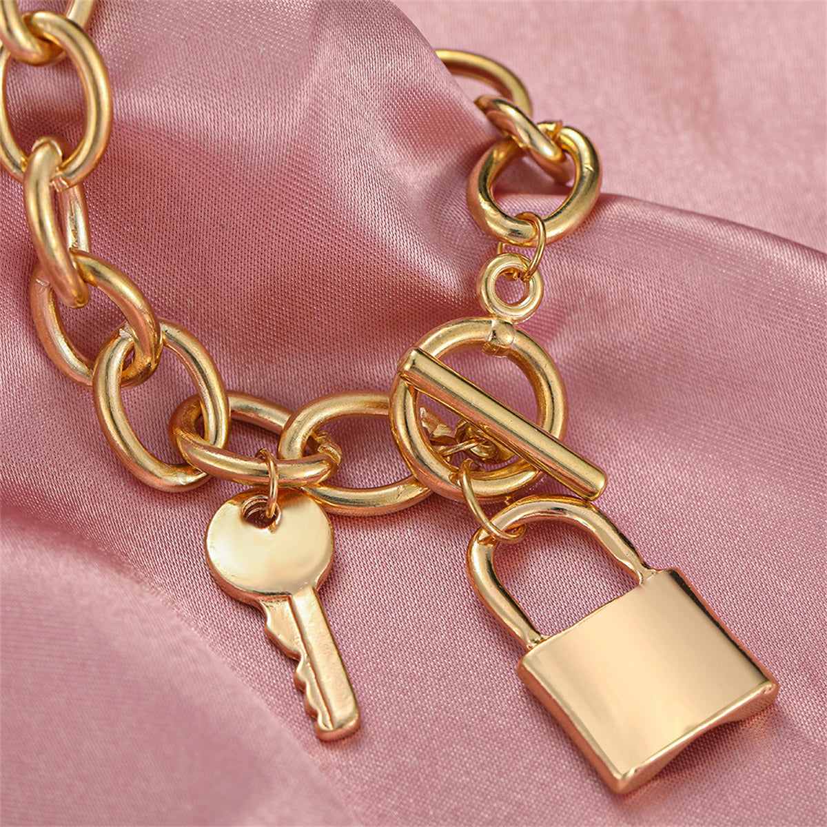 Goldtone Cable Chain Key Lock Toggle Charm Bracelet