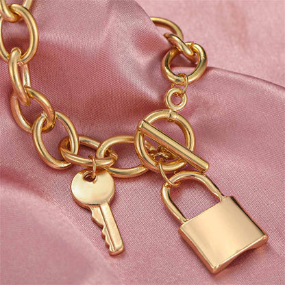 Goldtone Cable Chain Key Lock Toggle Charm Bracelet