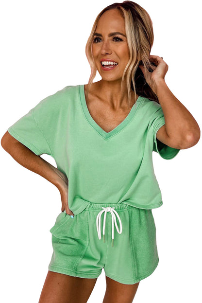 Mint Green V Neck Drop Shoulder Tee and Patchwork Shorts Set
