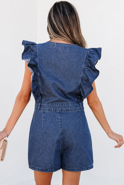 Threaded Pear Amora Denim Ruffled Zipped Front Belted Romper