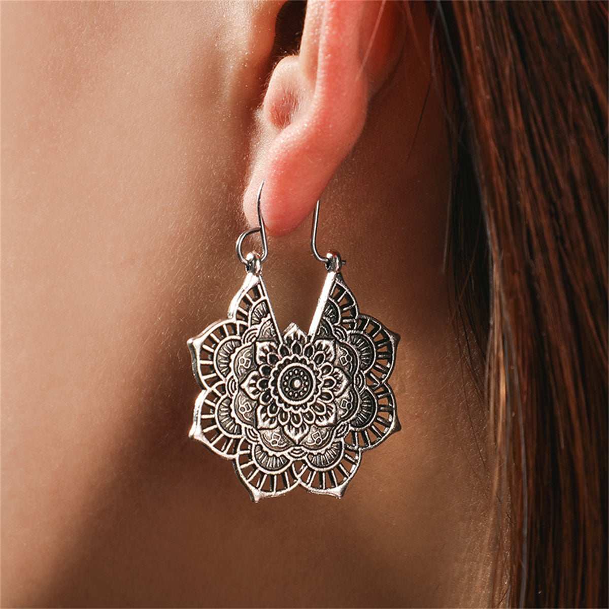 Silvertone Floral Huggie Earrings